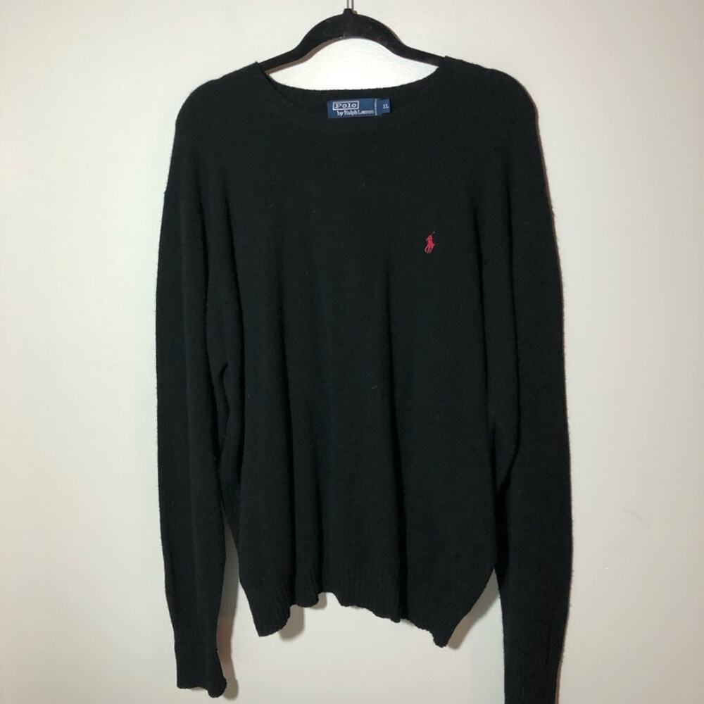 Vintage polo Ralph Lauren 100% lambswool black pullover sweater mens XL red pony